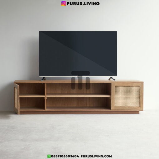 bufet tv minimalis kayu jati kombinasi rotan-meja tv minimalis ruang tamu