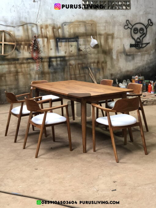 set meja makan minimalis modern kayu jati 6 kursi
